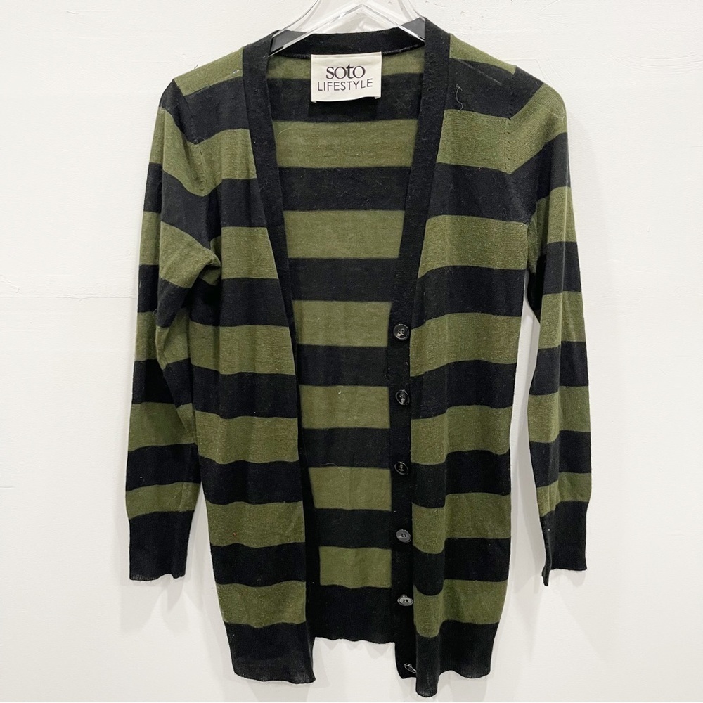 SOTO Lifestyle Green Black Stripe Button Front Cardigan Sweater Small